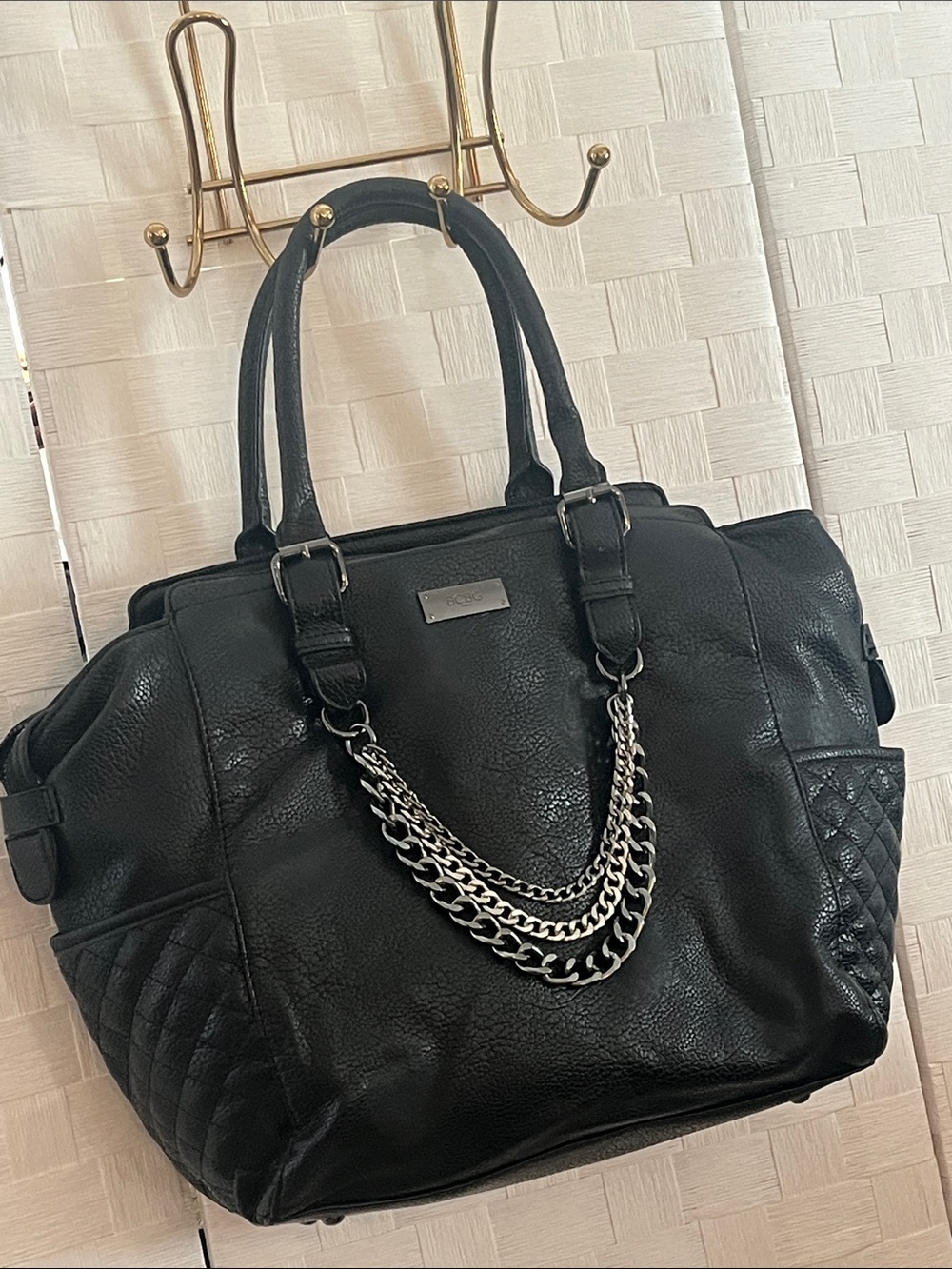 BCBG Black Tote Satchel Triple Silver Chain Accent Eye Catching Beautiful